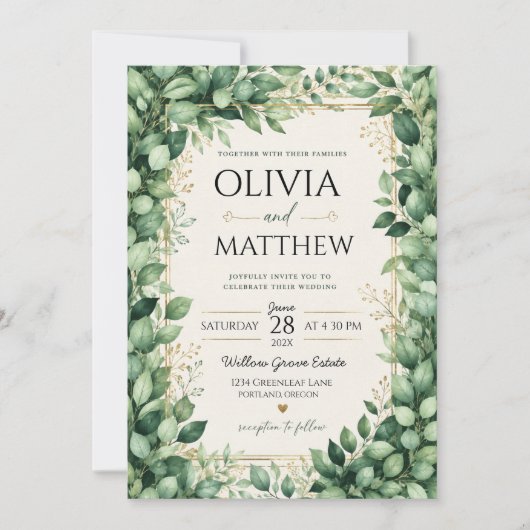 Luxury Eucalyptus Greenery Gold Botanical Frame 招待状 (正面)