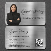 Luxury Faux Silver Metallic Realtor Photo QR Code 名刺
