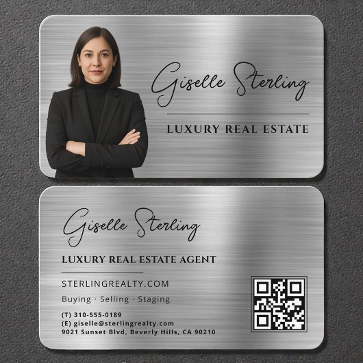 Luxury Faux Silver Metallic Realtor Photo QR Code 名刺