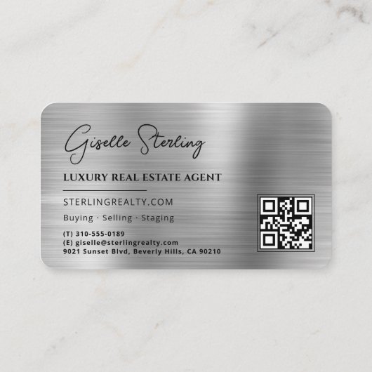 Luxury Faux Silver Metallic Realtor Photo QR Code 名刺 (裏面)
