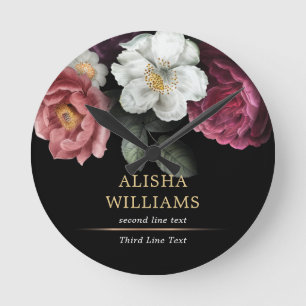 Luxury Floral Black Gold Personalized Elegant ラウンド壁時計