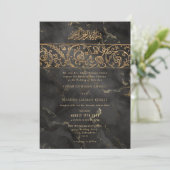 Luxury Floral Gold Black Marble Islamic Wedding 招待状 (スタンド正面)
