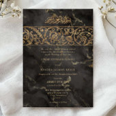 Luxury Floral Gold Black Marble Islamic Wedding 招待状
