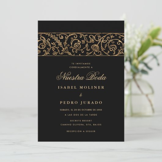 Luxury Floral Gold & Black Nuestra Boda Wedding 招待状 (スタンド正面)
