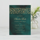 Luxury Floral Gold & Green Nuestra Boda Wedding 招待状 (スタンド正面)