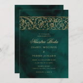 Luxury Floral Gold & Green Nuestra Boda Wedding 招待状 (正面/裏面)