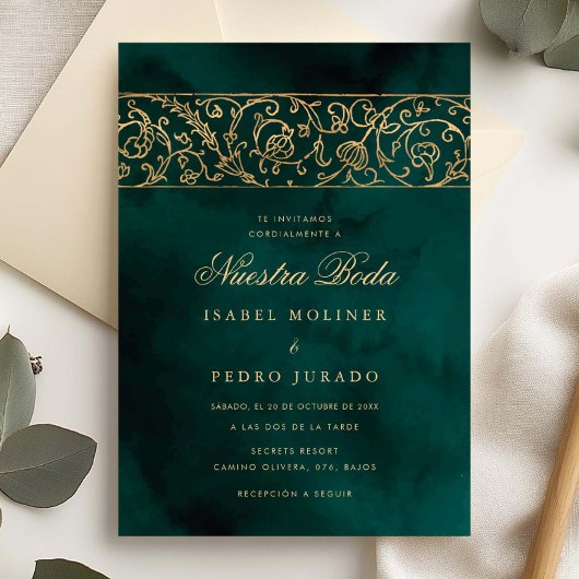 Luxury Floral Gold & Green Nuestra Boda Wedding 招待状
