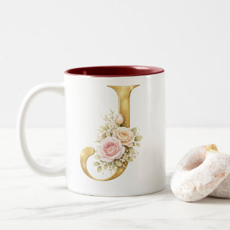 Luxury Floral Gold Letter J Monogram Logo ツートーンマグカップ