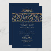 Luxury Floral Gold Navy Blue Islamic Wedding 招待状 (正面/裏面)