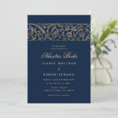 Luxury Floral Gold Navy Blue Nuestra Boda Wedding 招待状 (スタンド正面)