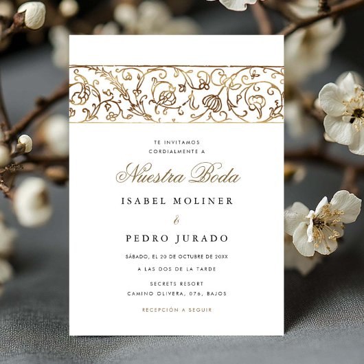 Luxury Floral Gold Nuestra Boda Spanish Wedding 招待状