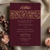 Luxury Floral Gold Red Maroon Islamic Wedding 招待状