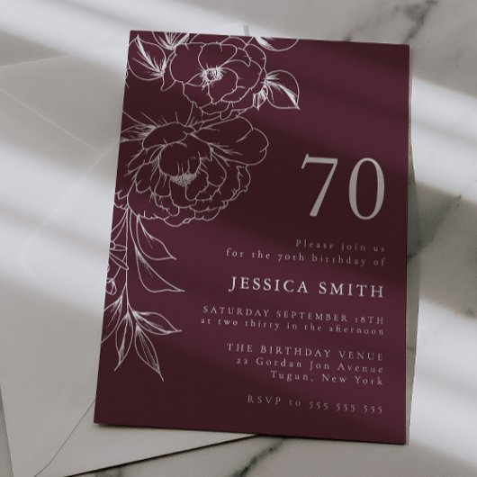 Luxury Floral Line Art 70th Birthday Silver 箔招待状