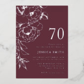 Luxury Floral Line Art 70th Birthday Silver 箔招待状 (正面)