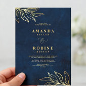 Luxury Floral Navy Blue & Gold Wedding 招待状
