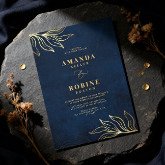Luxury Floral Navy Blue & Gold Wedding 招待状