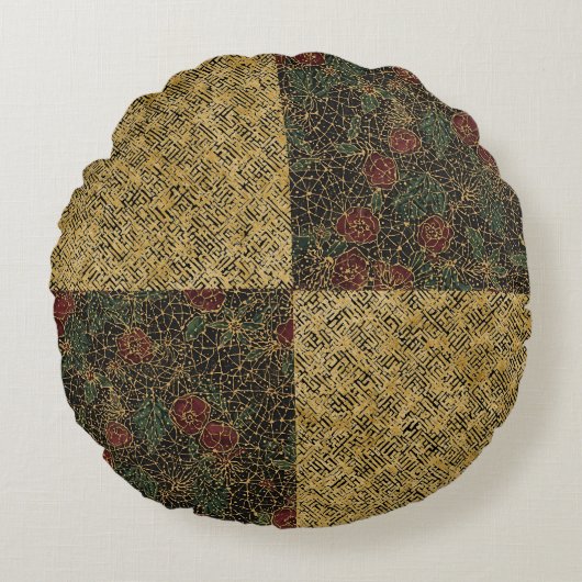 Luxury Flowers and Gold Pattern ,Gold Black Red  ラウンドクッション (正面)