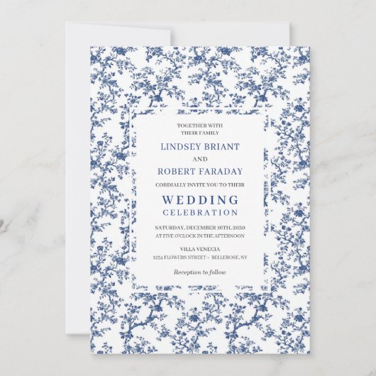 Luxury French Toile de Jouy Blue Wedding Invite 招待状 (正面)