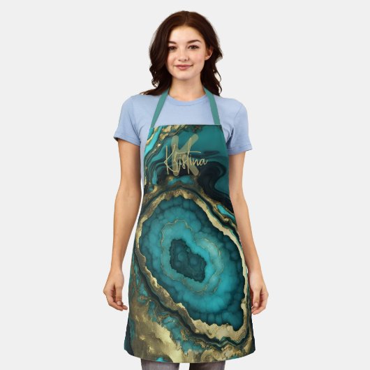 Luxury Glam Chic Teal Turquoise & Gold Agate Geode エプロン (着用した状態)