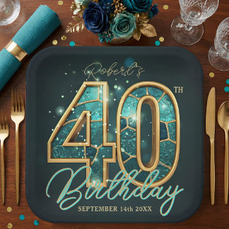 Luxury Glam Teal Gold Agate 40th Birthday Party ペーパープレート
