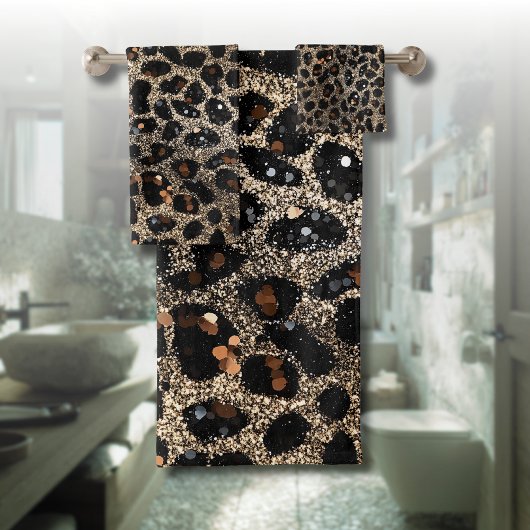 Luxury Glitter Brown Black Gold Leopard Pattern バスタオルセット