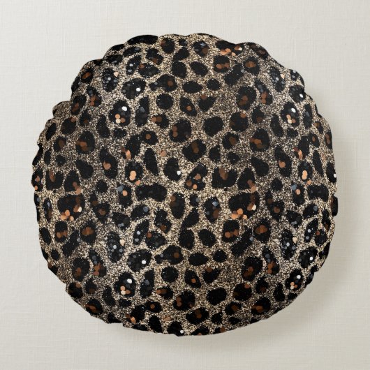 Luxury Glitter Brown Black Gold Leopard Pattern ラウンドクッション (正面)