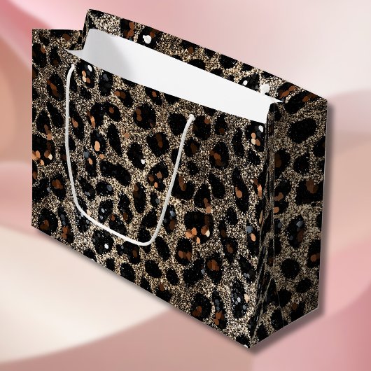 Luxury Glitter Brown Black Gold Leopard Pattern ラージペーパーバッグ
