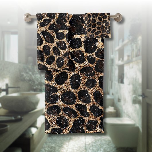 Luxury Glitter Gold Brown Black Leopard Pattern バスタオルセット