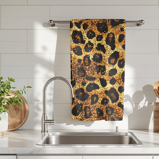 Luxury Glitter Gold Brown Rust Leopard Pattern キッチンタオル