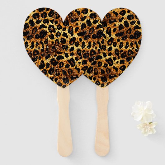 Luxury Glitter Gold Brown Rust Leopard Pattern ハンドファン (正面&裏面)