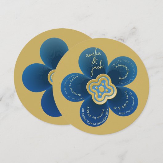 Luxury Gold and Navy Blue Floral Wedding  招待状 (正面/裏面)