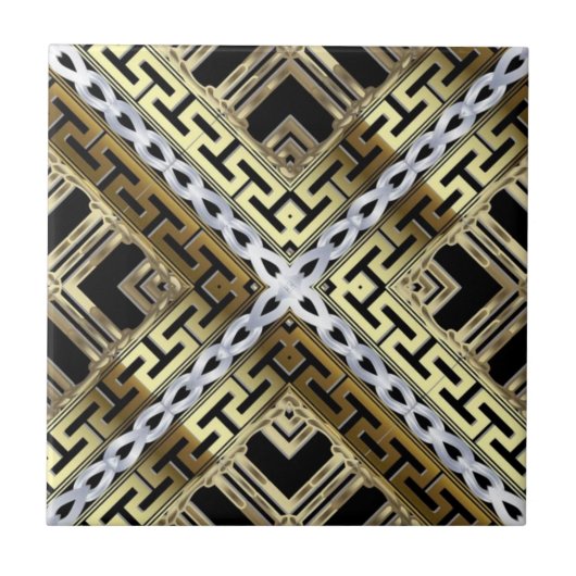 Luxury Gold and Silver Greek Geometric Pattern タイル (正面)