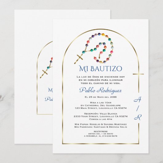 Luxury Gold Arch Rosary Boy Monogram Bautizo 招待状 (正面/裏面)