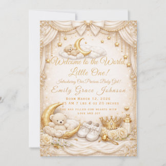 Luxury Gold Baby Girl Birth Announcement Card 招待状