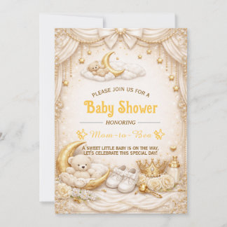 Luxury Gold Baby Shower Invitation with Teddy Bear 招待状