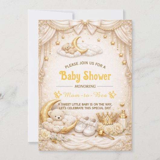 Luxury Gold Baby Shower Invitation with Teddy Bear 招待状 (正面)