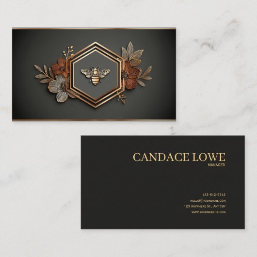 Luxury Gold Bee Hexagon Floral Midnight Black 名刺 (正面/裏面)