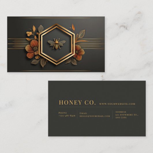 Luxury Gold Bee Hexagon Floral Midnight Black 名刺 (正面/裏面)