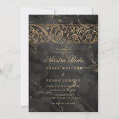 Luxury Gold Black Marble Nuestra Boda Wedding 招待状 (正面)