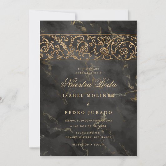 Luxury Gold Black Marble Nuestra Boda Wedding 招待状 (正面)