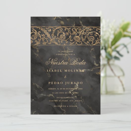 Luxury Gold Black Marble Nuestra Boda Wedding 招待状 (スタンド正面)