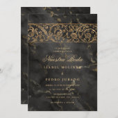 Luxury Gold Black Marble Nuestra Boda Wedding 招待状 (正面/裏面)