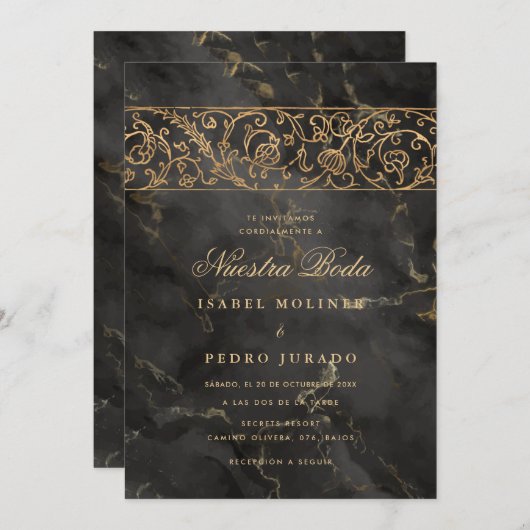 Luxury Gold Black Marble Nuestra Boda Wedding 招待状 (正面/裏面)