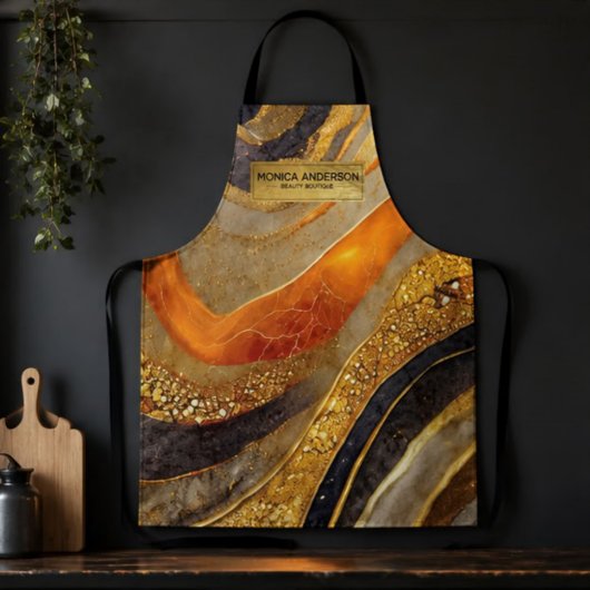 Luxury Gold Black Orange Abstract Metallic Marble エプロン