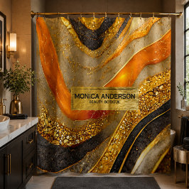 Luxury Gold Black Orange Abstract Metallic Marble シャワーカーテン