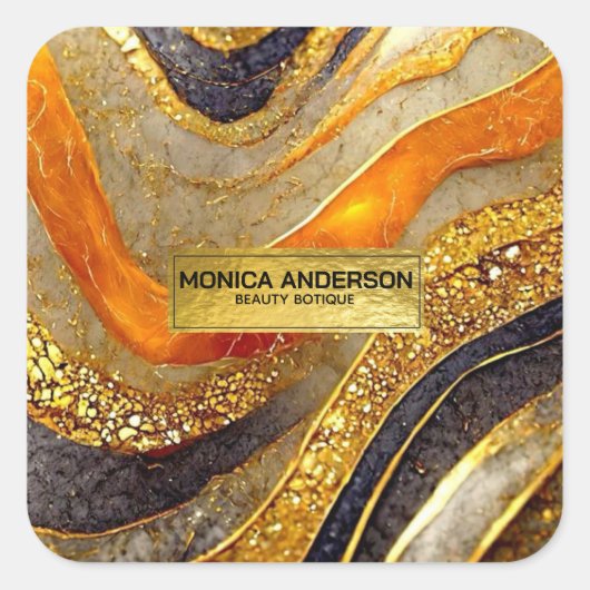 Luxury Gold Black Orange Abstract Metallic Marble スクエアシール (正面)