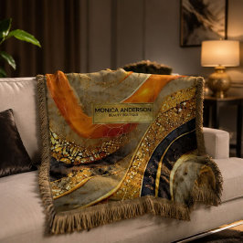 Luxury Gold Black Orange Abstract Metallic Marble スローブランケット