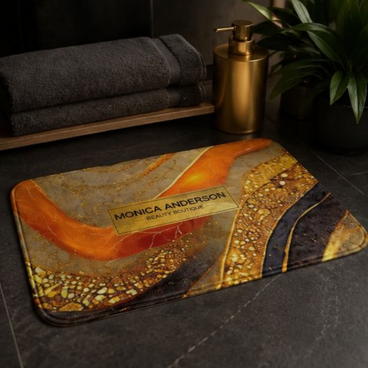 Luxury Gold Black Orange Abstract Metallic Marble バスマット