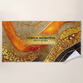 Luxury Gold Black Orange Abstract Metallic Marble ビーチタオル (正面)