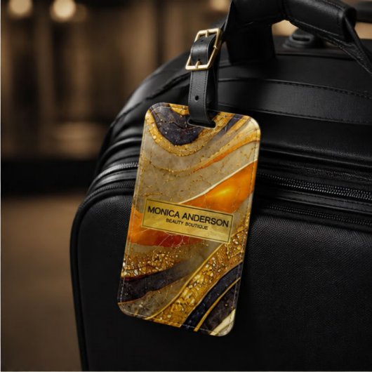Luxury Gold Black Orange Abstract Metallic Marble  ラゲッジタグ